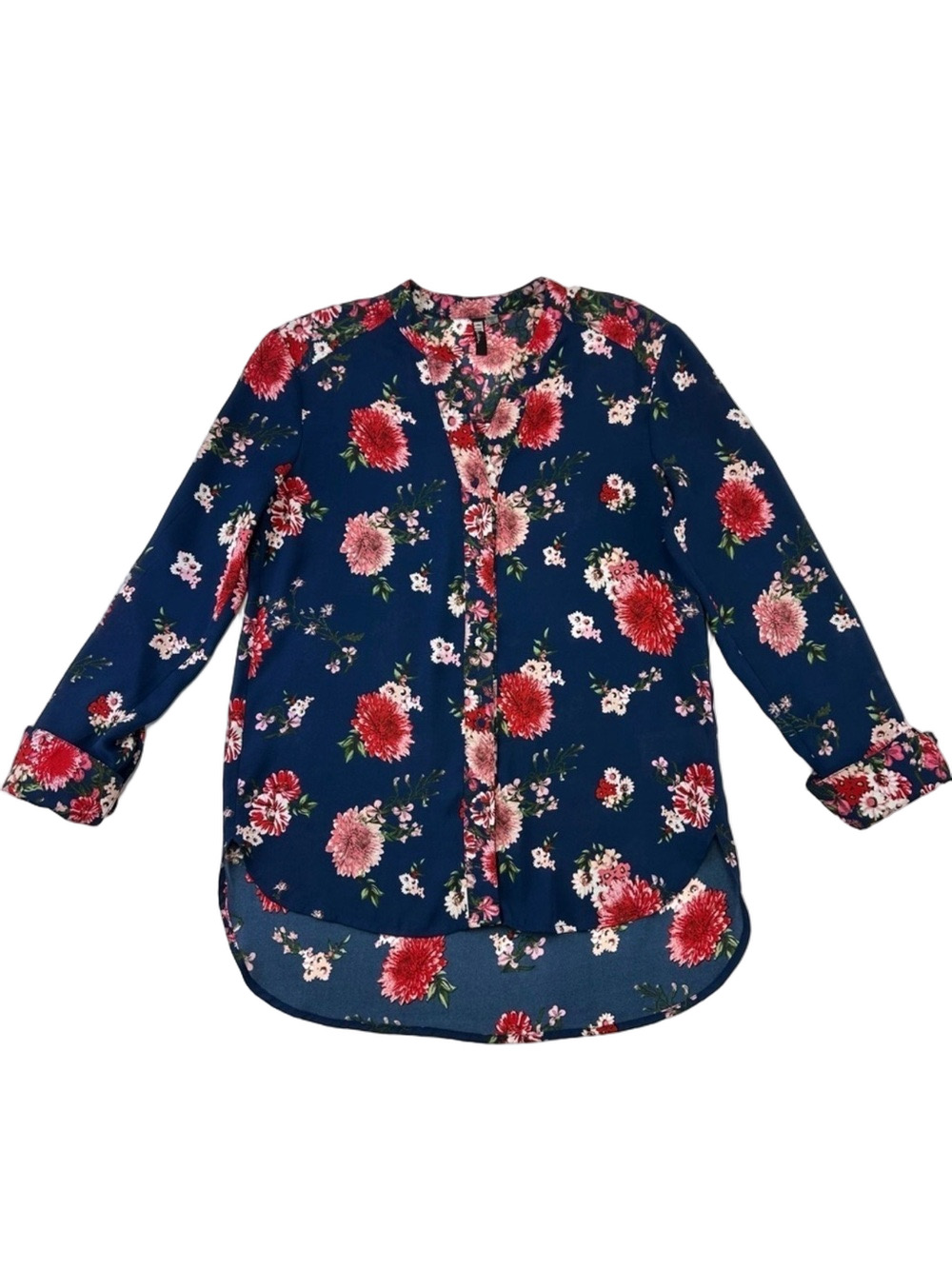Kut from the Kloth navy red floral button down blouse Size XS Vneck French cuff